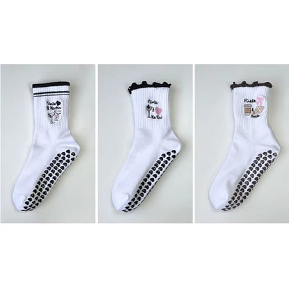 Yoga Socks Women Cotton Cherry Embroidered Lettuce-Edge Dot Silicone Non-Slip Grip Pilates Crew Socks