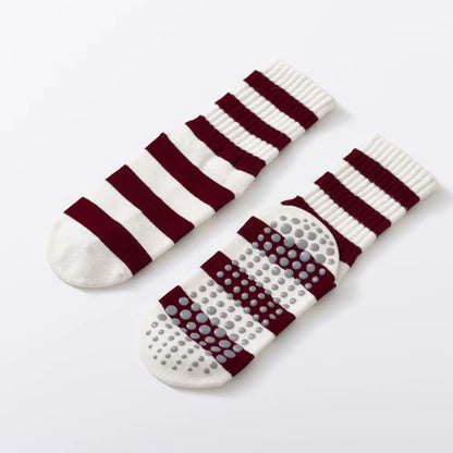 Dark Red Stripes Yoga Pilates Socks for Women Non-Slip Floor Sports Calf Socks Fashion All-Match Trend Socks