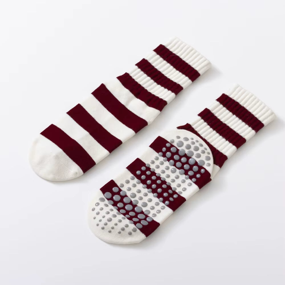 Dark Red Stripes Yoga Pilates Socks for Women Non-Slip Floor Sports Calf Socks Fashion All-Match Trend Socks