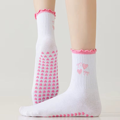 Yoga Socks Women Cotton Cherry Embroidered Lettuce-Edge Dot Silicone Non-Slip Grip Pilates Crew Socks
