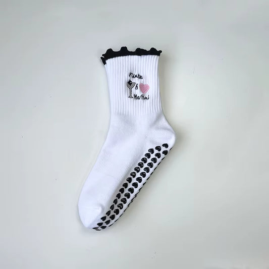 Yoga Socks Women Cotton Cherry Embroidered Lettuce-Edge Dot Silicone Non-Slip Grip Pilates Crew Socks