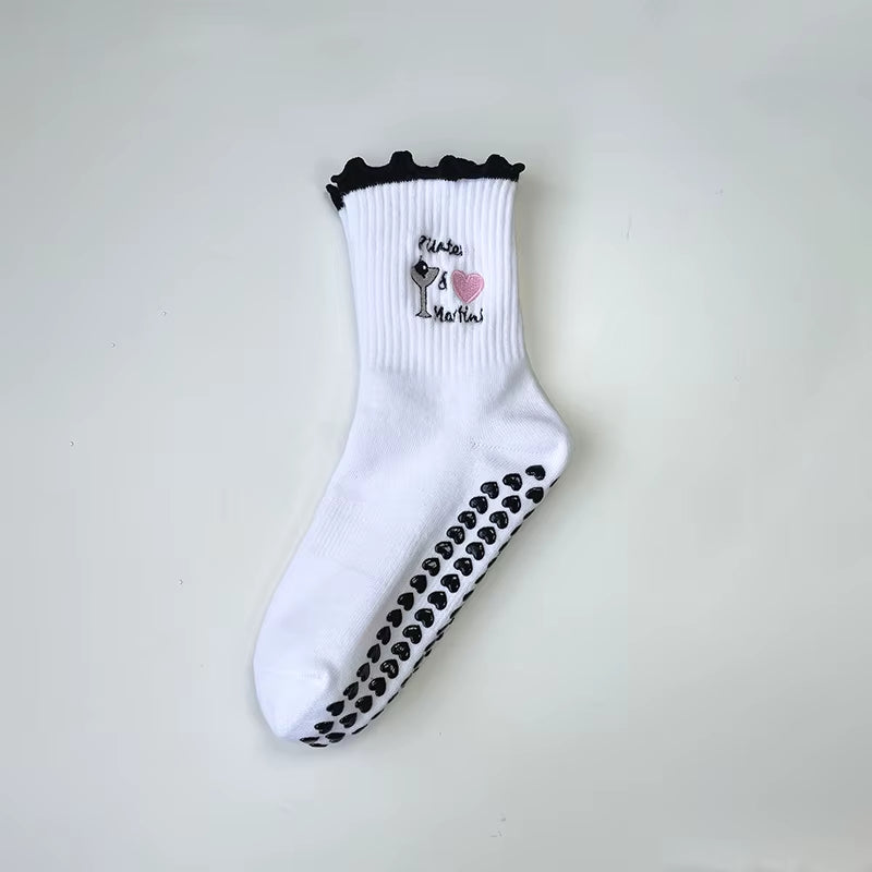 Yoga Socks Women Cotton Cherry Embroidered Lettuce-Edge Dot Silicone Non-Slip Grip Pilates Crew Socks