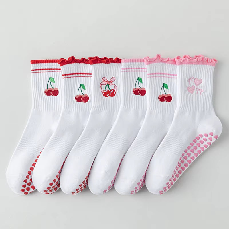 Yoga Socks Women Cotton Cherry Embroidered Lettuce-Edge Dot Silicone Non-Slip Grip Pilates Crew Socks