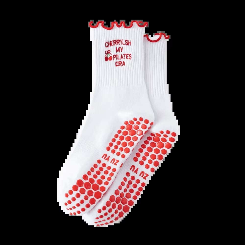 New Cotton Pilates Socks Harajuku Street Breathable Cherry Embroidery Socks Sweat-Absorbent Non-Slip Grip Yoga Socks
