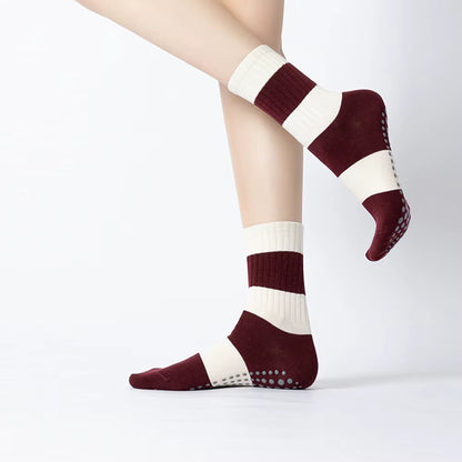 Dark Red Stripes Yoga Pilates Socks for Women Non-Slip Floor Sports Calf Socks Fashion All-Match Trend Socks
