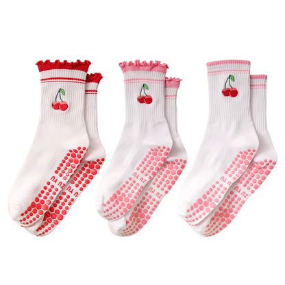 Yoga Socks Women Cotton Embroidered Dot Silicone Non-Slip Grip Pilates Crew Socks