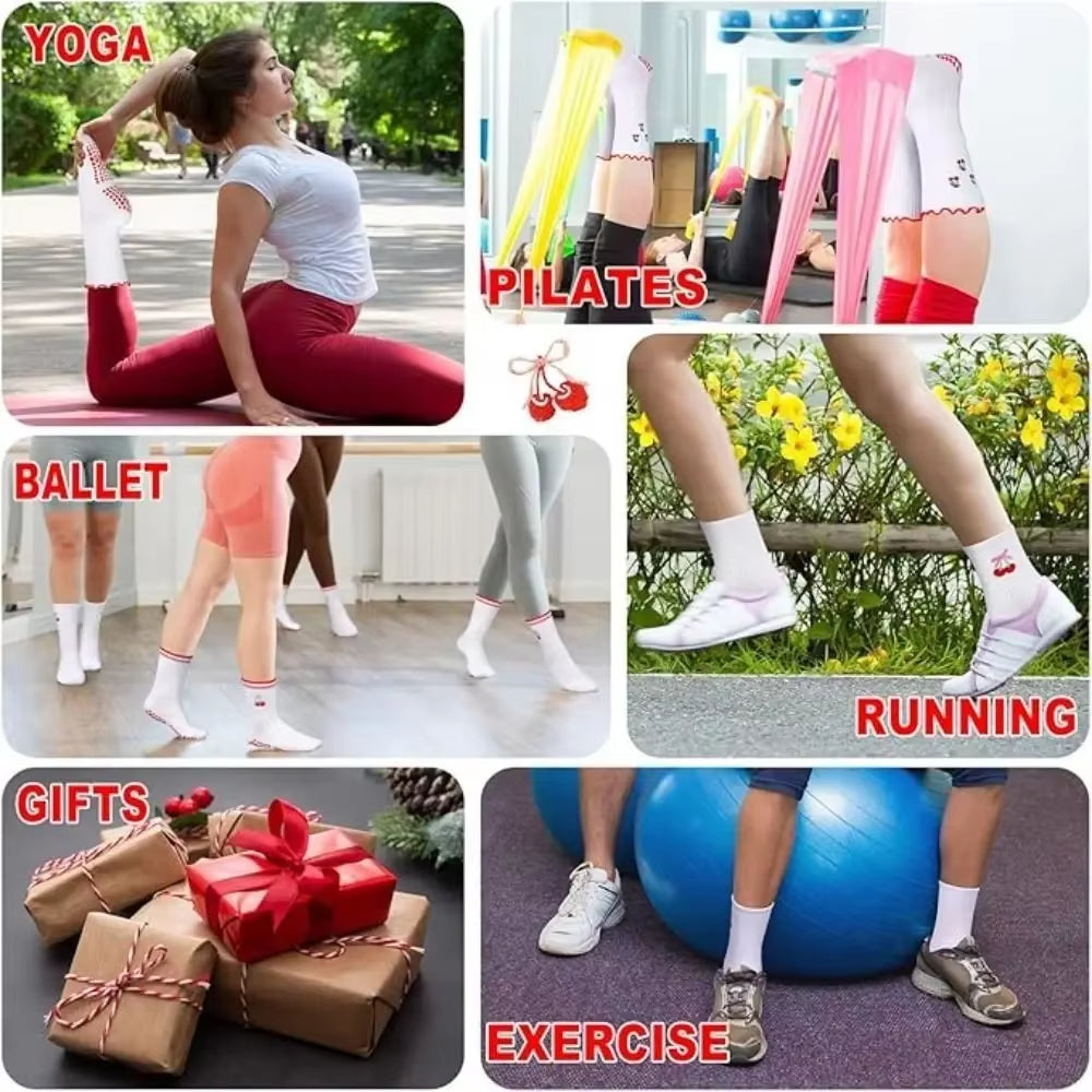 New Cotton Pilates Socks Harajuku Street Breathable Cherry Embroidery Socks Sweat-Absorbent Non-Slip Grip Yoga Socks