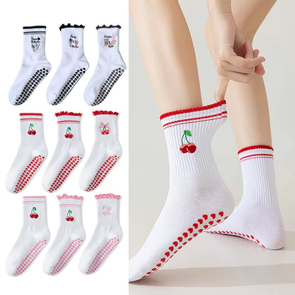 Yoga Socks Women Cotton Cherry Embroidered Lettuce-Edge Dot Silicone Non-Slip Grip Pilates Crew Socks