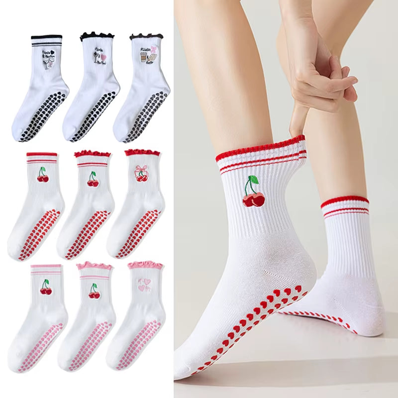 Yoga Socks Women Cotton Cherry Embroidered Lettuce-Edge Dot Silicone Non-Slip Grip Pilates Crew Socks
