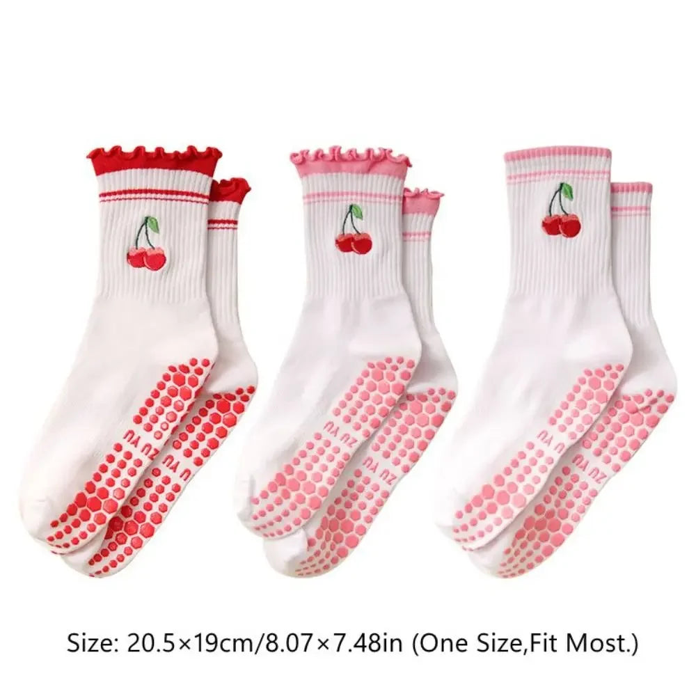 New Cotton Pilates Socks Harajuku Street Breathable Cherry Embroidery Socks Sweat-Absorbent Non-Slip Grip Yoga Socks