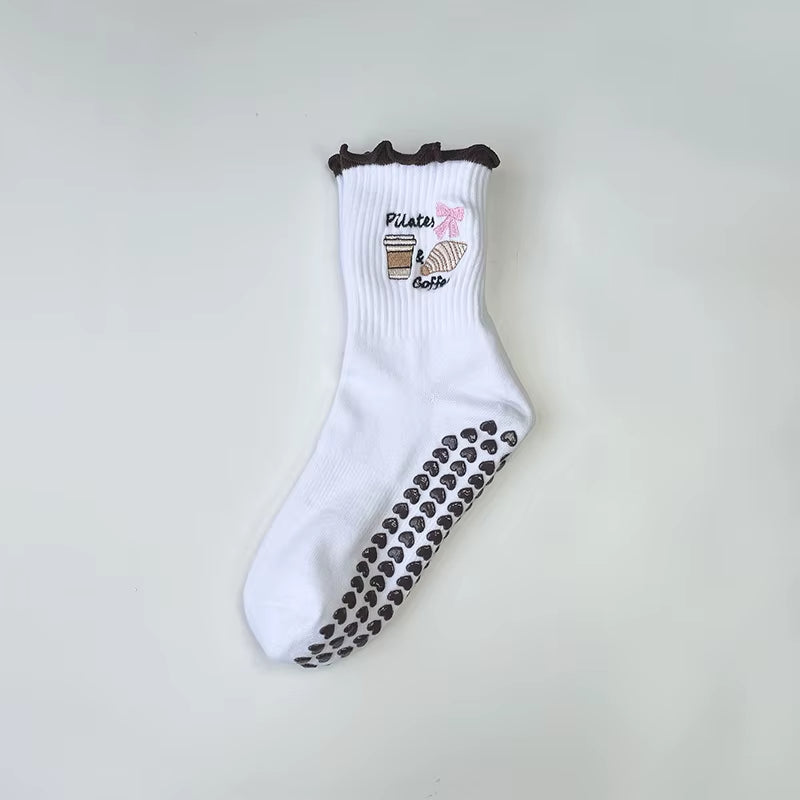 Yoga Socks Women Cotton Cherry Embroidered Lettuce-Edge Dot Silicone Non-Slip Grip Pilates Crew Socks