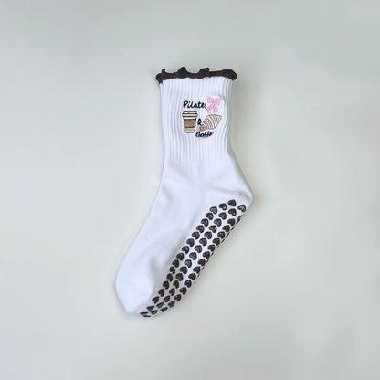 Yoga Socks Women Cotton Cherry Embroidered Lettuce-Edge Dot Silicone Non-Slip Grip Pilates Crew Socks