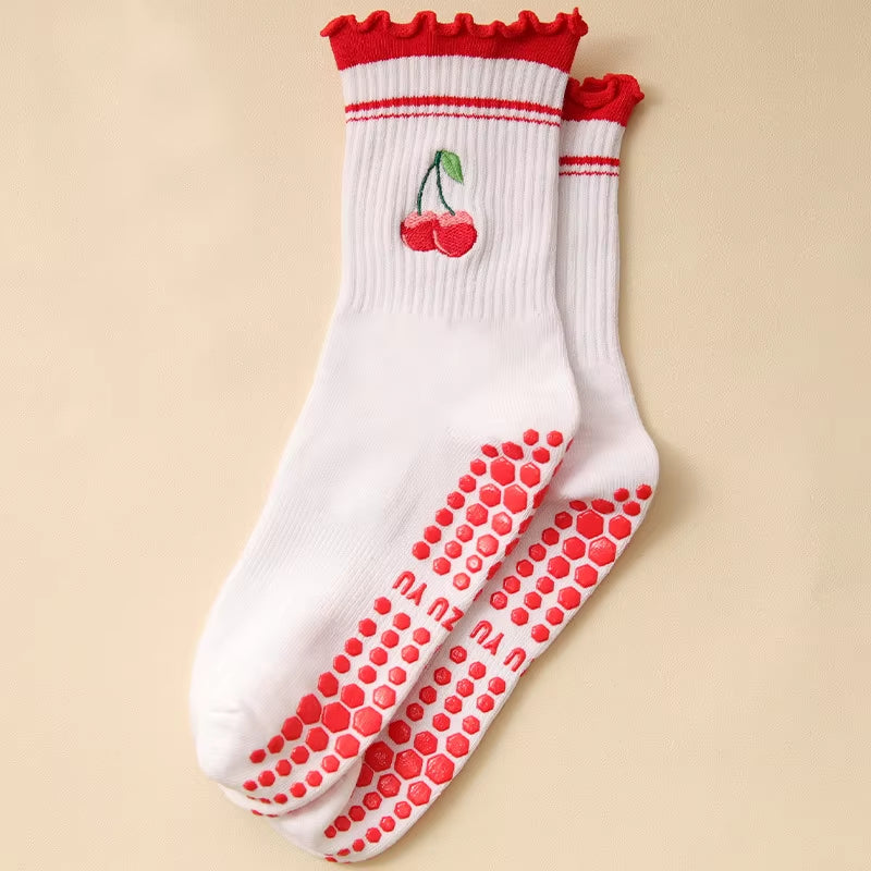 Yoga Socks Women Cotton Embroidered Dot Silicone Non-Slip Grip Pilates Crew Socks