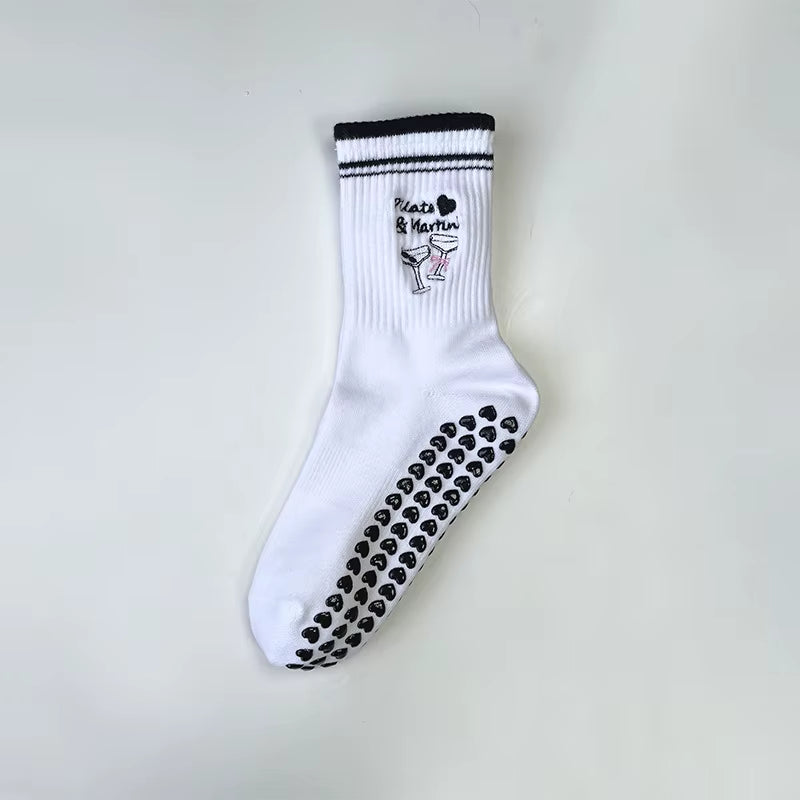 Yoga Socks Women Cotton Cherry Embroidered Lettuce-Edge Dot Silicone Non-Slip Grip Pilates Crew Socks