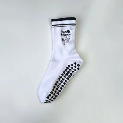 Yoga Socks Women Cotton Cherry Embroidered Lettuce-Edge Dot Silicone Non-Slip Grip Pilates Crew Socks