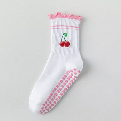 Yoga Socks Women Cotton Cherry Embroidered Lettuce-Edge Dot Silicone Non-Slip Grip Pilates Crew Socks