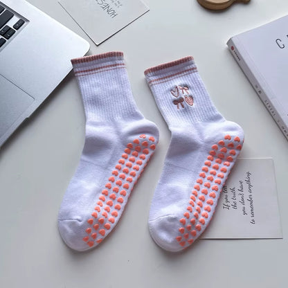 Yoga Socks Women Cotton Cherry Embroidered Lettuce-Edge Dot Silicone Non-Slip Grip Pilates Crew Socks