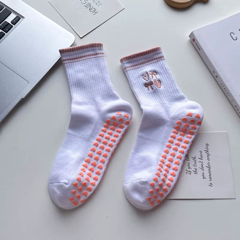 Yoga Socks Women Cotton Cherry Embroidered Lettuce-Edge Dot Silicone Non-Slip Grip Pilates Crew Socks