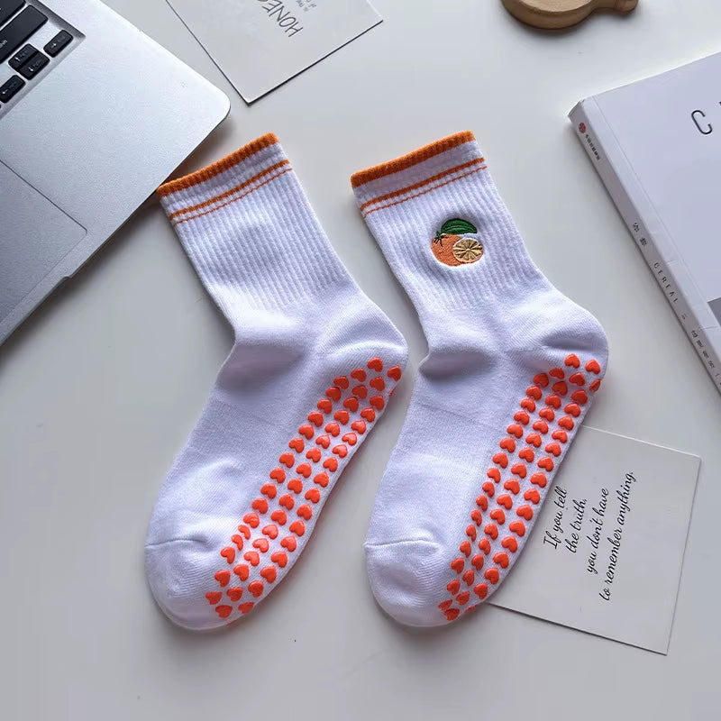 Yoga Socks Women Cotton Cherry Embroidered Lettuce-Edge Dot Silicone Non-Slip Grip Pilates Crew Socks