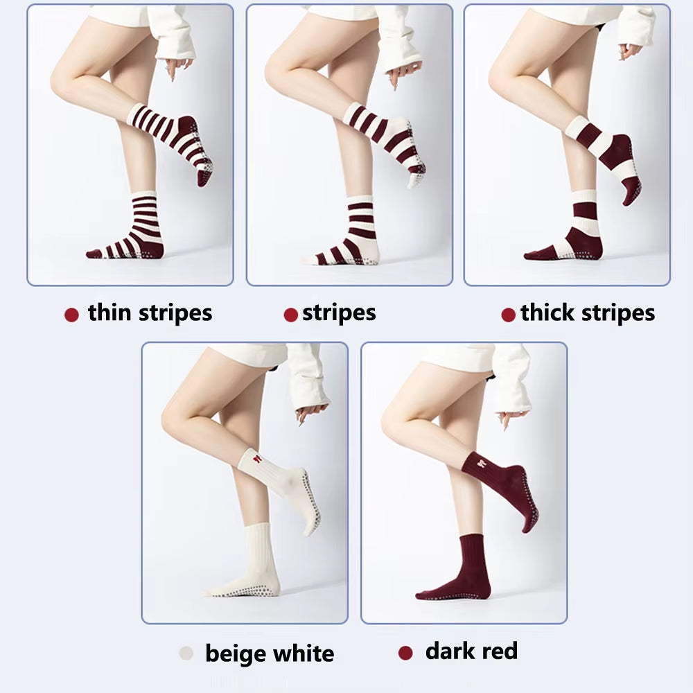 Dark Red Stripes Yoga Pilates Socks for Women Non-Slip Floor Sports Calf Socks Fashion All-Match Trend Socks