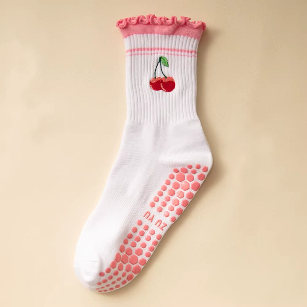 New Cotton Pilates Socks Harajuku Street Breathable Cherry Embroidery Socks Sweat-Absorbent Non-Slip Grip Yoga Socks
