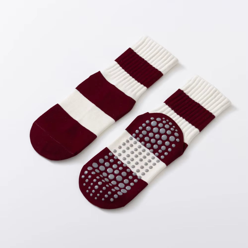 Dark Red Stripes Yoga Pilates Socks for Women Non-Slip Floor Sports Calf Socks Fashion All-Match Trend Socks