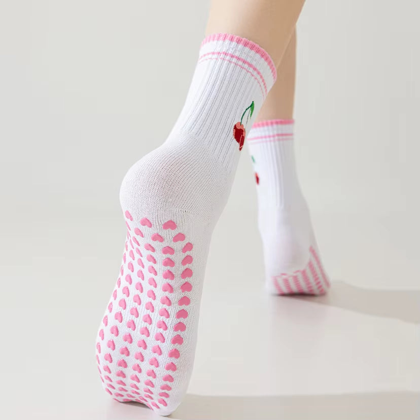 Yoga Socks Women Cotton Cherry Embroidered Lettuce-Edge Dot Silicone Non-Slip Grip Pilates Crew Socks