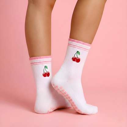 New Cotton Pilates Socks Harajuku Street Breathable Cherry Embroidery Socks Sweat-Absorbent Non-Slip Grip Yoga Socks