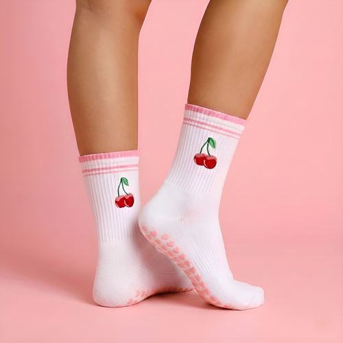 New Cotton Pilates Socks Harajuku Street Breathable Cherry Embroidery Socks Sweat-Absorbent Non-Slip Grip Yoga Socks
