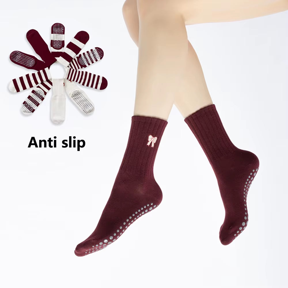 Dark Red Stripes Yoga Pilates Socks for Women Non-Slip Floor Sports Calf Socks Fashion All-Match Trend Socks