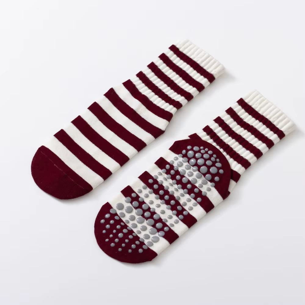 Dark Red Stripes Yoga Pilates Socks for Women Non-Slip Floor Sports Calf Socks Fashion All-Match Trend Socks