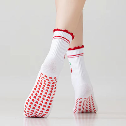 Yoga Socks Women Cotton Cherry Embroidered Lettuce-Edge Dot Silicone Non-Slip Grip Pilates Crew Socks