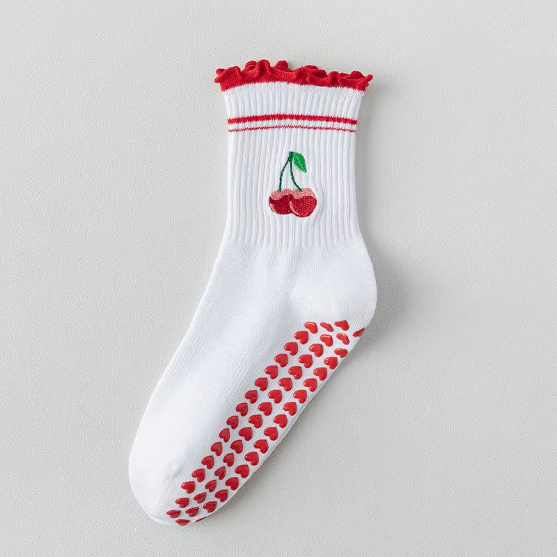 Yoga Socks Women Cotton Cherry Embroidered Lettuce-Edge Dot Silicone Non-Slip Grip Pilates Crew Socks