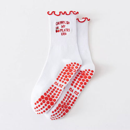 New Cotton Pilates Socks Harajuku Street Breathable Cherry Embroidery Socks Sweat-Absorbent Non-Slip Grip Yoga Socks