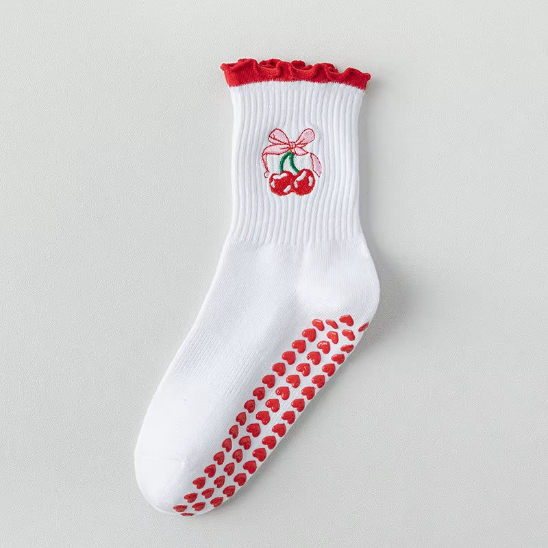 Yoga Socks Women Cotton Cherry Embroidered Lettuce-Edge Dot Silicone Non-Slip Grip Pilates Crew Socks