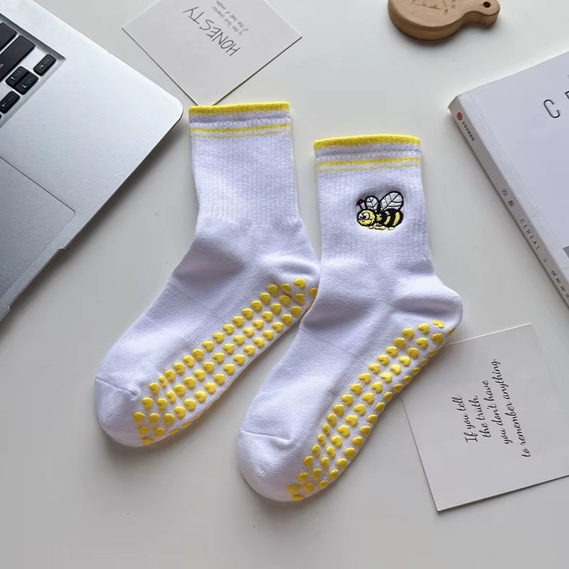 Yoga Socks Women Cotton Cherry Embroidered Lettuce-Edge Dot Silicone Non-Slip Grip Pilates Crew Socks