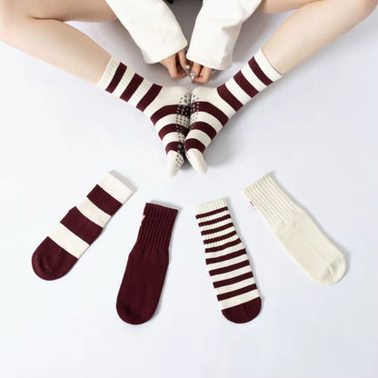 Dark Red Stripes Yoga Pilates Socks for Women Non-Slip Floor Sports Calf Socks Fashion All-Match Trend Socks