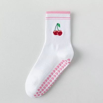 Yoga Socks Women Cotton Cherry Embroidered Lettuce-Edge Dot Silicone Non-Slip Grip Pilates Crew Socks