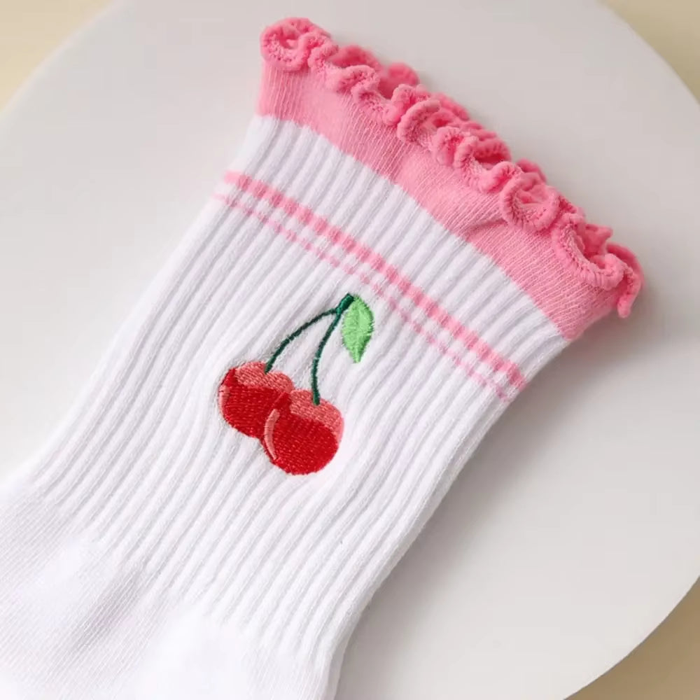 New Cotton Pilates Socks Harajuku Street Breathable Cherry Embroidery Socks Sweat-Absorbent Non-Slip Grip Yoga Socks