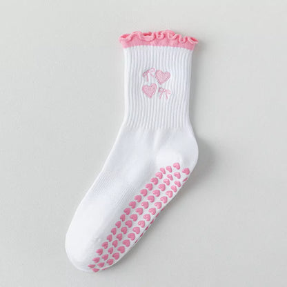 Yoga Socks Women Cotton Cherry Embroidered Lettuce-Edge Dot Silicone Non-Slip Grip Pilates Crew Socks