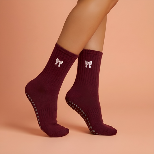 Burgundy Bow Luxe Non-Slip Socks